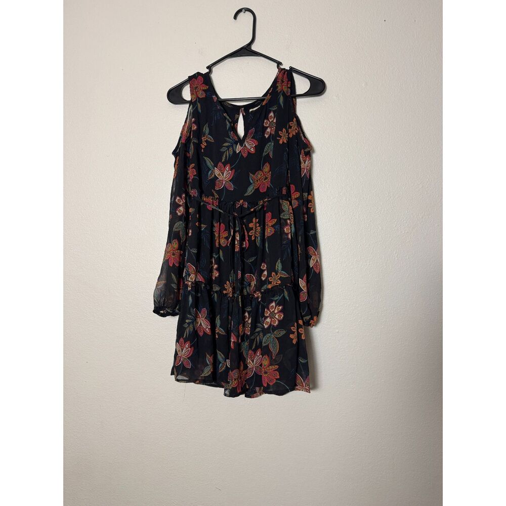 Hollister Black Floral Cold Shoulder Mini Dress‎ Womens Small Long Sleeve